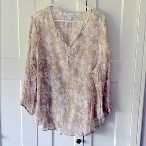 Liz Claiborne‎ Tan White Floral 3/4 Sleeve Blouse XXL 2X Lagenlook Boho Puckered